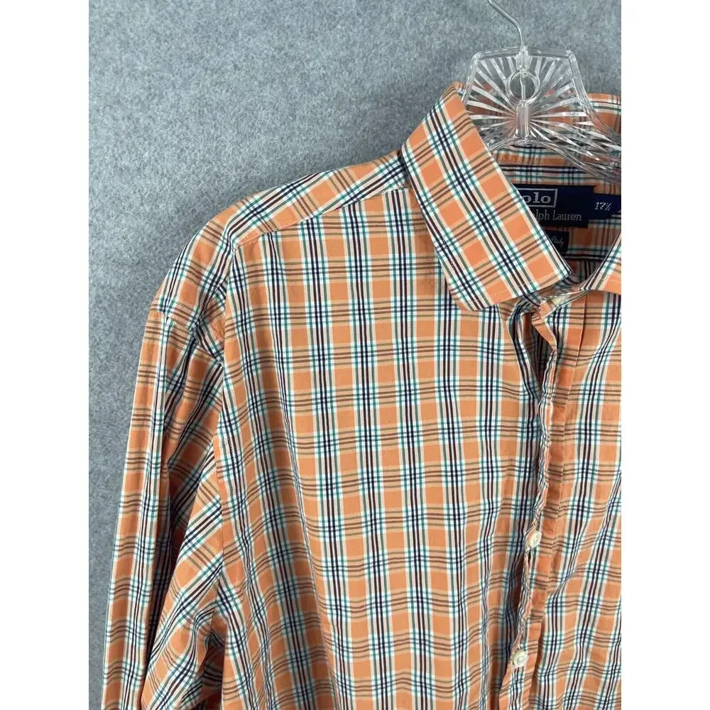 Polo Ralph Lauren Button Up Shirt Men's 17.5 Neck Long Sleeve Orange Plaid Italy